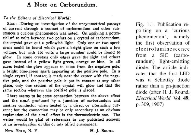 History of LEDs First report on electroluminescence in 1907 by Henry Joseph Round.
