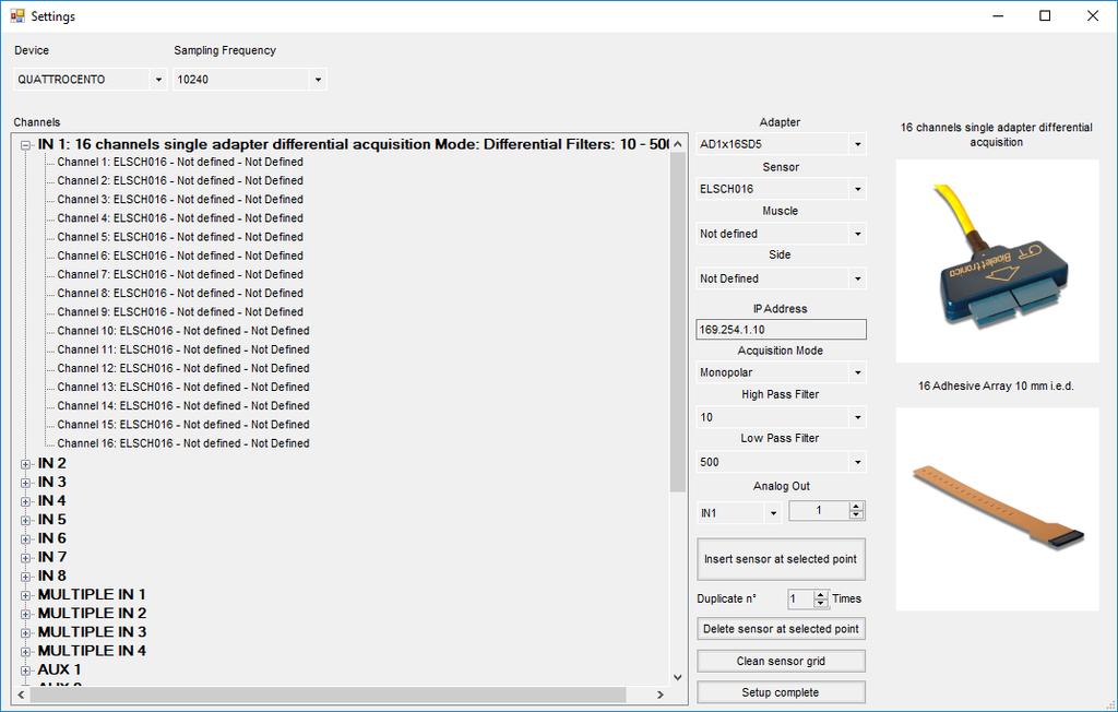 Fig. 6.1. OT BioLab+ Acquisition Setup Editor TreeView. You can choose between TreeView Setup and Grid Setup. In order to choose it, look in the Settings form.