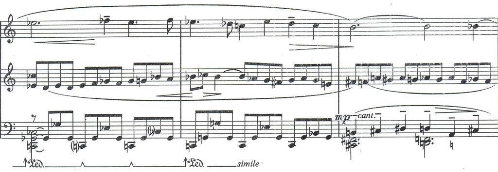 The composer introduces the third motive, c, with a long note, E flat, as is shown in the following example: Example 3: Night Music, motive c, bars 17-19.