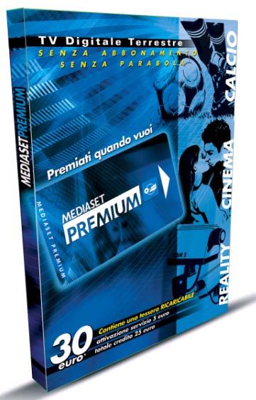PAY-PER-VIEW New Mediaset Premium Card Cards 2-size Mediaset Premium card: - 30 Euro (o/w 5 Euro plastic card) - 10 Euro (o/w 5 Euro plastic card), bundled with Set-Top-Box offer Mediaset Premium