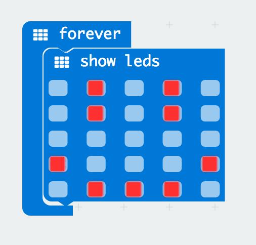To turn this static image into an animation, we need another show leds block to place just under the first block. You can then make a second drawing with this set of rectangles.
