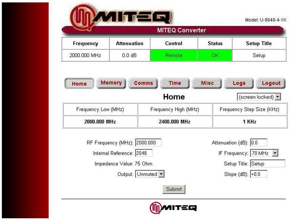 FOR REFERENCE ONLY Figure 3-16. MITEQ Home Page Display Once logged in the home page will appear. At the top of each page the MITEQ logo along with the model number of the unit is displayed.