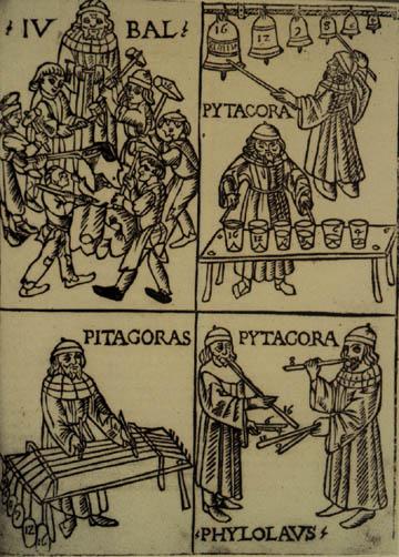 The woodcut purports to illustrate Pythagoras discovery of the simple numerical relationships underlying the harmonious sounds produced by various types of instruments: the ringing of hammers on an
