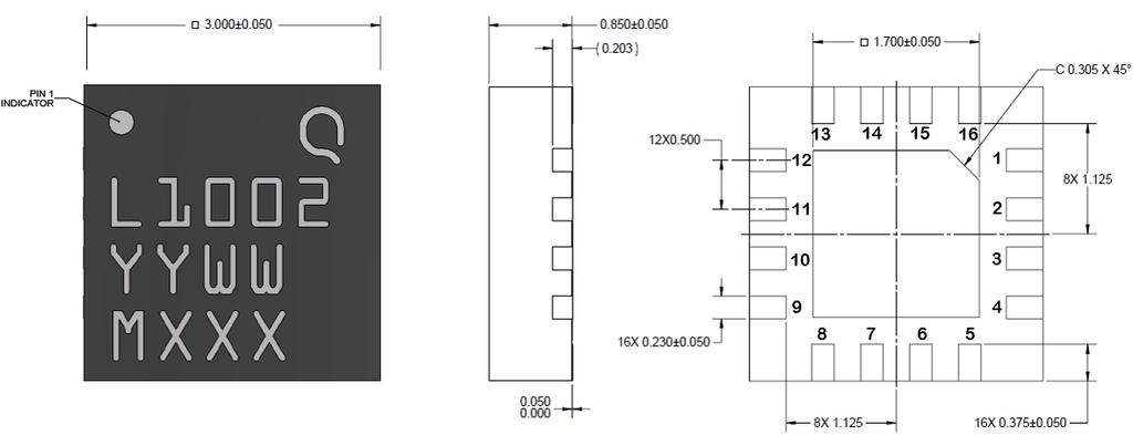 Mechanical Drawing & Pad Description Dimensions in mm Part Marking: L1002: Part Number YY = Part Assembly Year MM = Part Assembly Month MXXX = Batch ID Pin Number Label Description Slug GND GROUND 1,