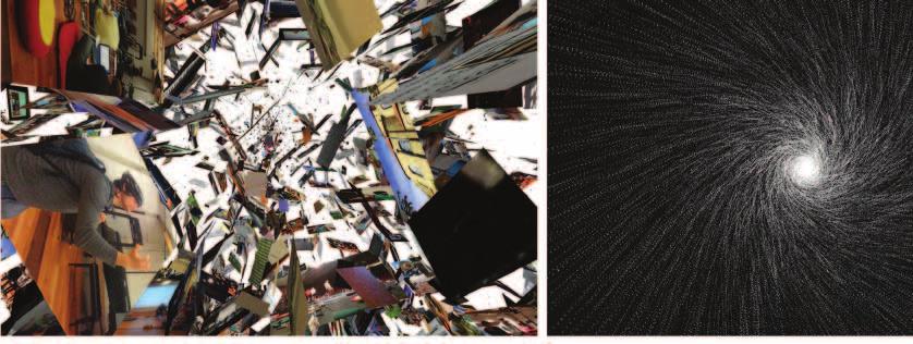 Fig. 3. Converge visualizing and blending hundreds of user-generated photos (left); galactic vortex visualization, composed of thousands of image fragments (right). ( Ge Wang) [7] (Fig. 3).