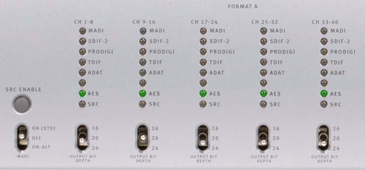 MADI Switch This three-position switch selects whether MADI is used for the Format A Input and the characteristics of the MADI signal.