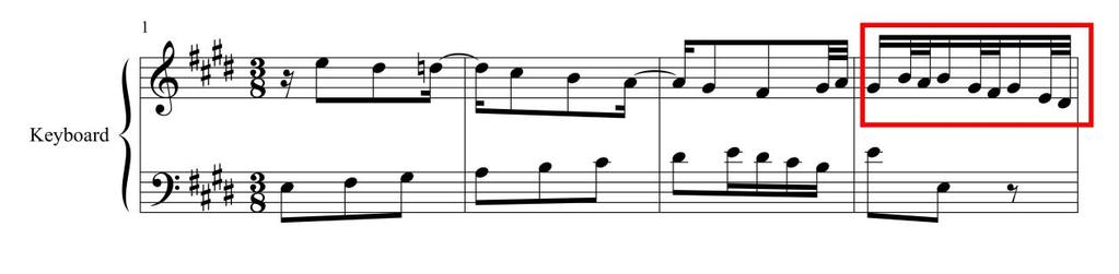 6 in E Major, BWV 777? a. eighth notes and sixteenth notes b. eighth notes and thirty-second notes c. sixteenth notes and sixty-fourth notes d.