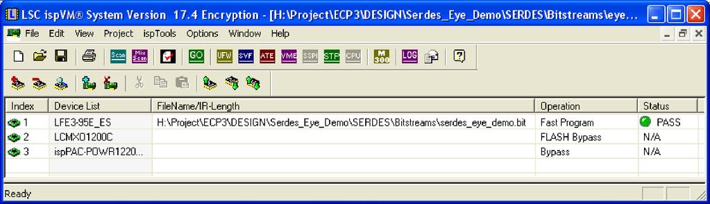 Loading the LatticeECP3 SERDES Eye Demo Bitstream with ispvm Follow the instructions below to load the SERDES Eye demo bitstream. If ORCAstra is already loaded, make sure Interface is set to None.