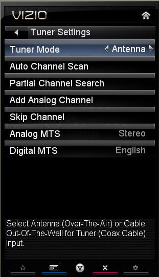 Tuner Mode Select Antenna or Cable depending upon which equipment you have attached to the DTV / TV Input. Auto Channel Search Automatically search for TV channels that are available in your area.