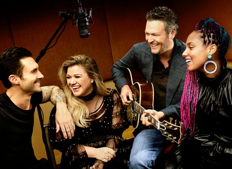 (L-R): The coaches of THE VOICE include, Adam Levine, Kelly Clarkson, Blake Shelton, and Alicia Keys. To tweet this release: http://bmpr.