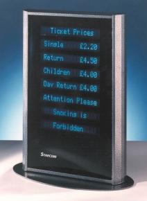 freestanding totems, wall-mounted displays or desktop units All units are available in a range of text colors and brightnesses Space is available on the unit for your logo or text Programming: