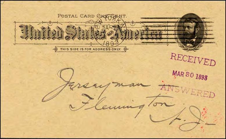 3: UX 10 postal card mailed to The Jerseyman in Flemington by the publisher of the American Newspaper Directory in 1893, with Deats purple received stamp.