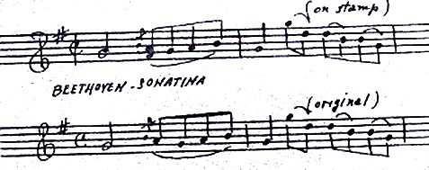 The Hungarian stamp which was issued both perforated and imperforate contains the opening two bars of the Sonatina in G major for piano.