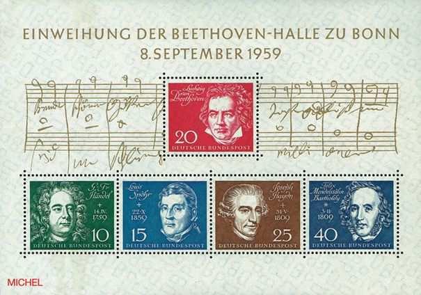 GERMANY Scott 804 Michel Block 2 The Germany souvenir sheet, commemorating the opening of the Beethoven Hall in Bonn, 8 September 1959 consists a fragment in