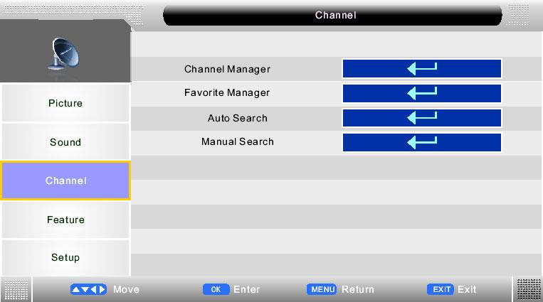 IDTV CHANNEL MENU To access this menu, press [MENU] button on the remote control. If you wish to make changes to any of the default settings, use the scroll settings press [OK] button.