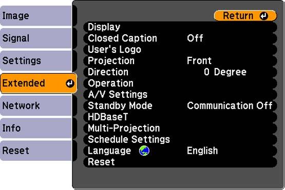 Parent topic: Adjusting the Menu Settings Projector Setup Settings - Extended Menu Settings on the Extended menu let you customize various projector setup features that control its operation.