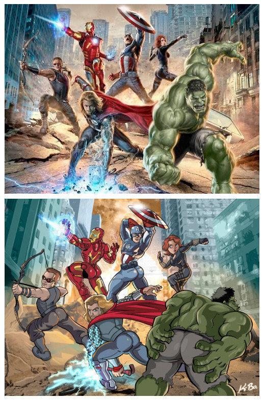 Look at the following images. The first is promotional art for the film Avengers Assemble (2012).
