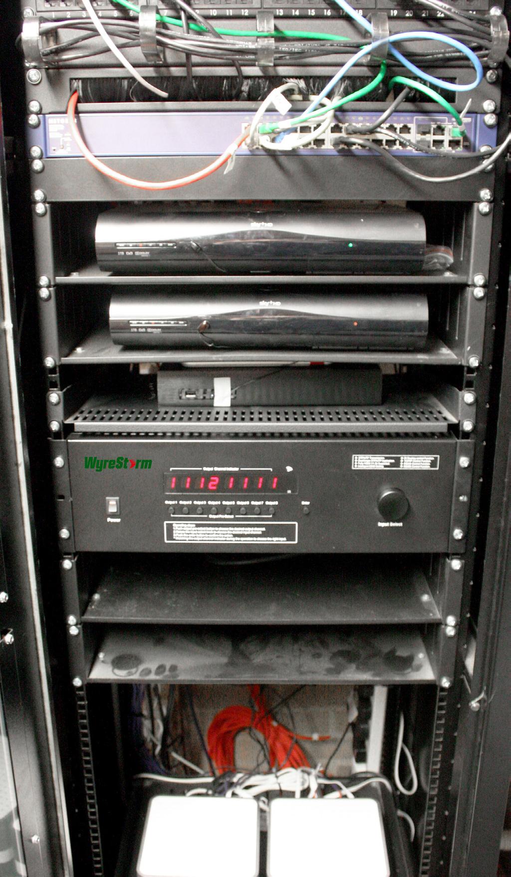 Project Equipment List: 1 x WyreStorm MX-0808-PRO 8x8 HD matrix switcher 8 x WyreStorm EX-1UTP-IR-100 HDBaseT 100m/328ft extender sets 1 x SW0108 1x8 HDMI switcher RTI control system 2 x Freeview