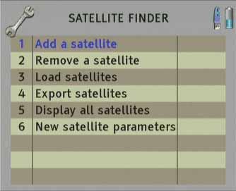 16.3. OPTIONS Into this menu, you can confi gure the following options: 1) Add a satellite. 2) Delete a satellite. 3) Import Satellites. 4) Export satellites. 5) Show the satellites.
