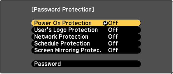 Parent topic: Password Security Types Selecting Password Security Types After setting a password, you see this menu, allowing you to select the password security types you want to use.