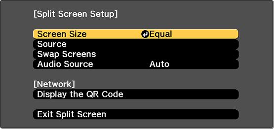 2. Press the Menu button. You see this screen: 3. To select an input source for the other image, select the Source setting, press Enter, select the input source, select Execute, and press Enter.