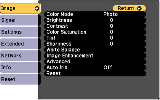 Image Quality Settings - Image Menu Settings on the Image menu let you adjust the quality of your image for the input source you are currently using.