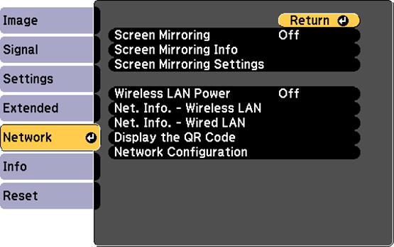 Projector Network Settings - Network Menu Settings on the Network menu let you view network information and set up the projector for monitoring and control over a network.