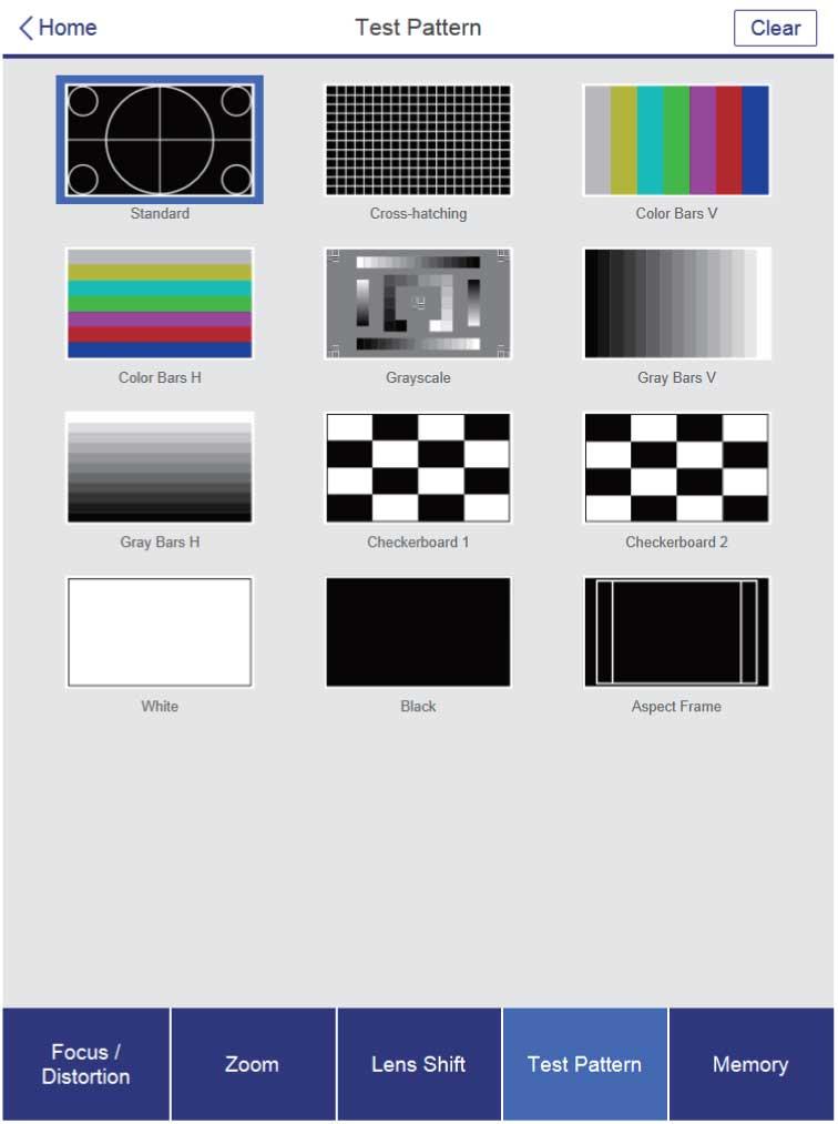 Test Pattern screen 1 Displays available test patterns; select to project a test pattern 2 Turns off test pattern