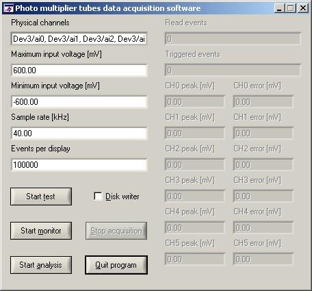 Figure 3.7: the DAQ software main dialog window. Maximum & Minimum input voltage [mv]: the expected maximum and minimum voltage to be digitised, expressed in mv with respect to the AI ground.