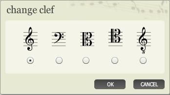 A dialg is ffered allwing selectin f the clef t be applied t the range: T change the clef fr an entire staff within the scre, click that staff's clef at the start f any system.