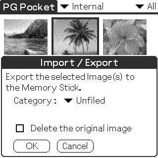 To cancel the export, tap Cancel or press the Back button of the CLIE handheld to return to Full Screen Mode. Export icon Category list Exporting multiple pictures 1.