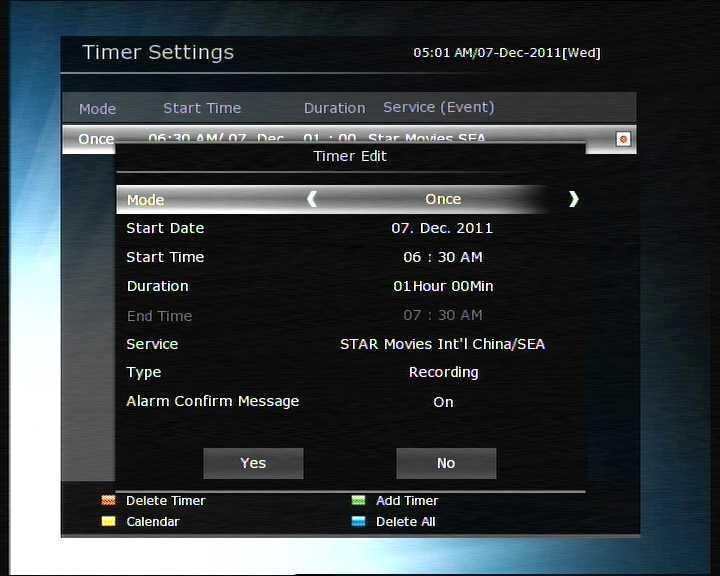 1.2 Timer Settings Insert a new timer entry or modify an existing timer entry. To add new timer entry : Press the GREEN button. Timer Edit window will popup.