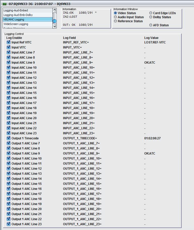 5.32.8 VBI/ANC Logging The VBI/ANC Logging screen logs the presence of VBI