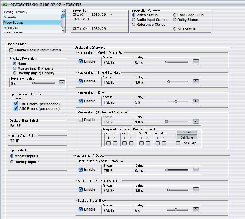 5.5 Video-Backup Note: IQSYN33 only. The Video-Backup screen enables you to configure input switching.