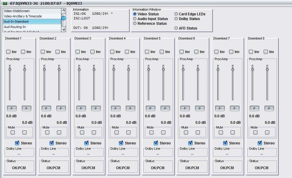 5.11 Aud-In-Disembed The Aud-In-Disembed screen enables you to adjust the gain and polarity of the eight disembedded audio pairs. 5.11.1 Disembed 1 8 You can make adjustments for each disembedded audio pair.