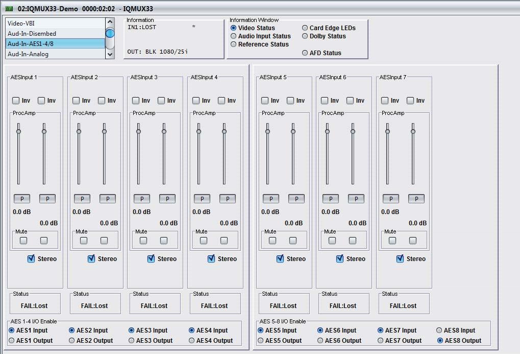 5.12 Aud-In-AES1-4/8 Note: IQMUX33 only. The Aud-In-AES1-4/8 screen enables you to adjust the gain and polarity of the eight AES audio pairs, and configure the AES pairs as either inputs or outputs.