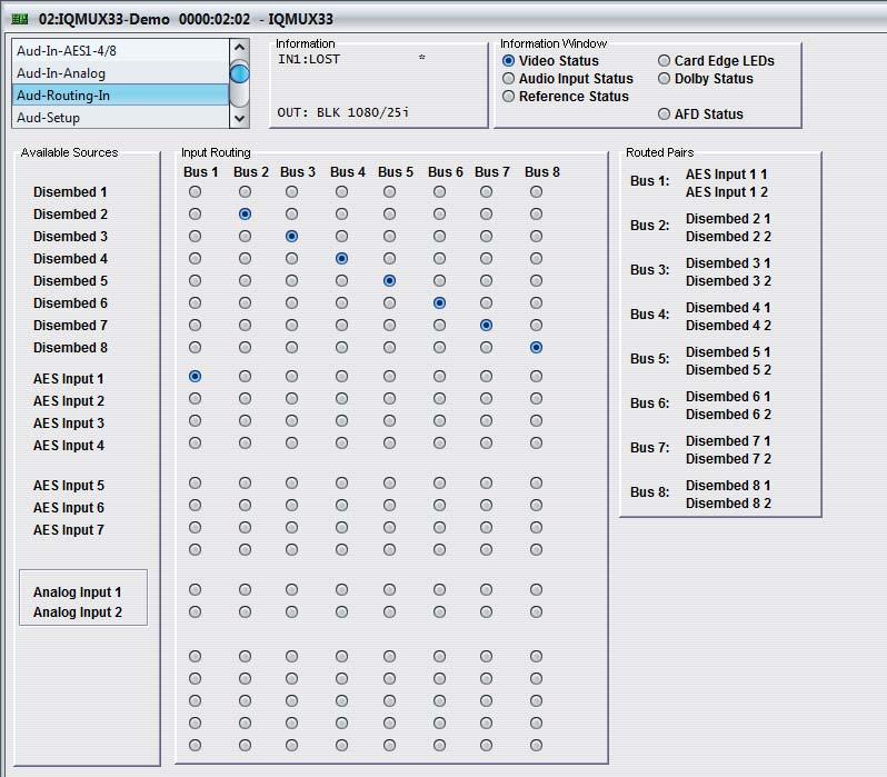 5.16 Aud-Routing-In The Aud-Routing-In screen enables you to route the input sources to the eight audio buses. 5.16.1 Available Sources The Available Sources column lists the input sources available to be routed.