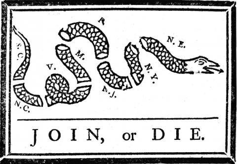 Political Cartoons Benjamin Franklin created the first political cartoon and it is still a famous image today. The cartoon called Join or Die was published in the newspaper during his day.