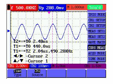 72-8 Series Handheld DSO & DMM 8-Advanced Function of Oscilloscope Figure 53: Use the Cursor for a Time Measurement 8.11.