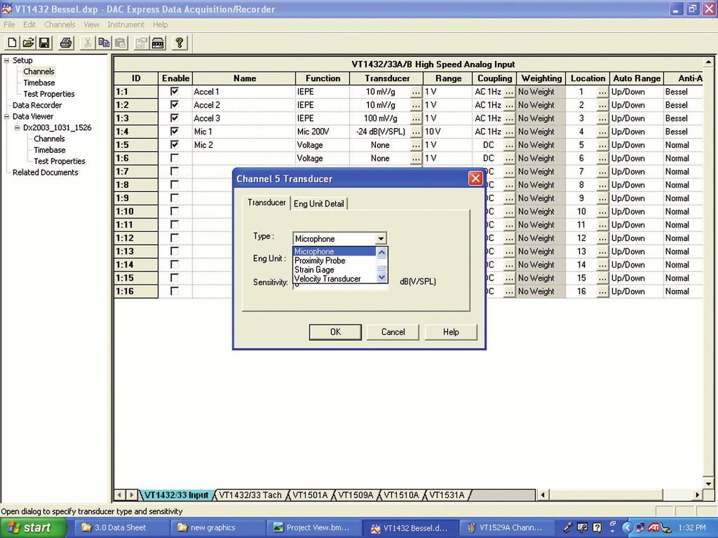 DATA ACQUISITION SOFTWARE Set Up Channels With Table/Menu Pull-Downs Simply click on the tabs at the bottom of the screen to display the available measurement channels (shown below).