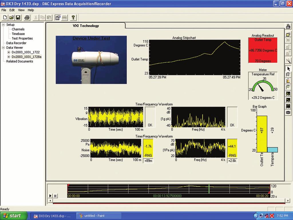 Easily View Multiple Display Types In the hair dryer test example shown below, high-speed vibration and noise data is collected and monitored as time records and frequency spectrums.