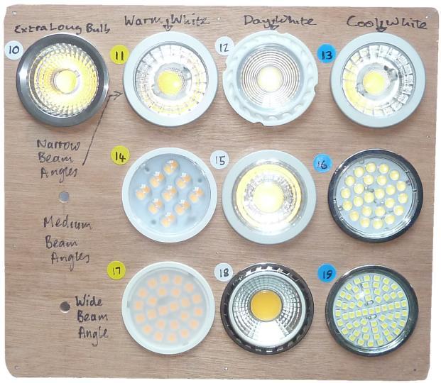 Organisation of Kit The GU10s and MR16s are arranges in a grid of Colour versus Beam Angle : Warm White Day White Cool White Increasing Beam Angle Each bulb is labelled with a number, which