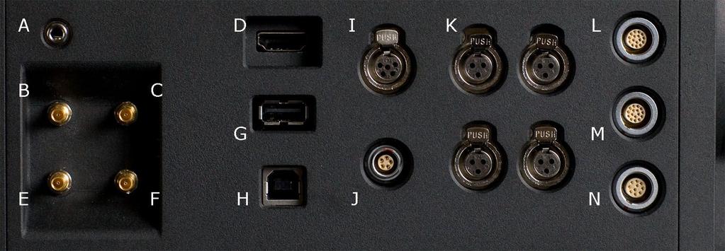 A Headphone B Dual Link HD-SDI (A) C Dual Link HD-SDI (B) D HDMI Out E Preview HD-SDI F Video Genlock G USB-2 (peripheral) H USB-2 (computer) I Audio Monitor J Timecode K Audio Ch 1 4 (1-2 Upper Left