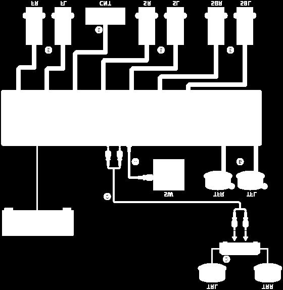 .4-channel speaker system using an additional stereo power amplifier Connect each speaker as illustrated below. Before connecting cables, be sure to disconnect the AC power cord (mains lead).