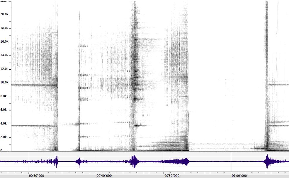 Spatial Transitions: Examples The following sonograms illustrate how the aforementioned techniques are employed: A B C D E Figure 1: Sonogram, Anima Machina 0 27 1 08, Spectrally rich sound events