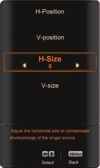 H/V Position To select the options in the H/V Position sub-menu, press MENU or.