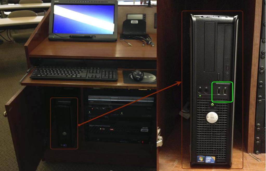 2.1) Desktop Computer, Monitor, Keyboard and Mouse Image - Computer Equipment Location The PC in the room (located in the closed door cabinet below the keyboard, see image above) has Windows 7