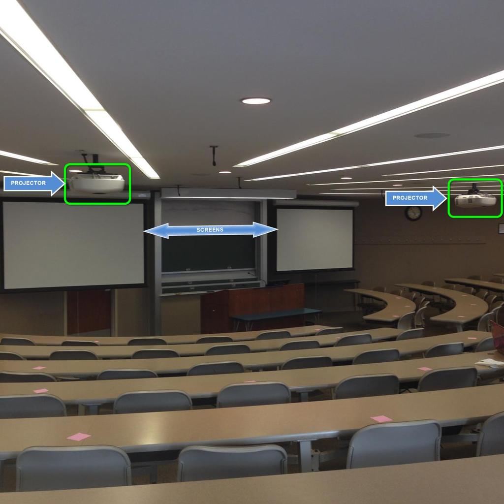 2.4) Projector Image - Projector and Screen Location Room 304 is equipped with two ceiling mounted projectors that are prewired for all the relevant equipment in the room