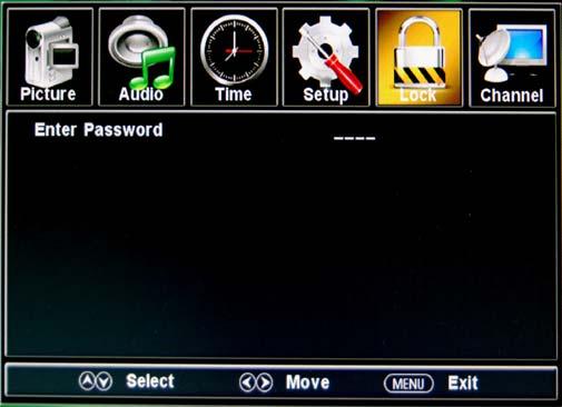 OSD Menu 5. Lock menu You must enter the password to gain access to the Lock menu. The default password is 0000.