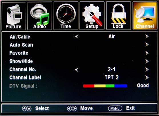 OSD Menu 6. Channel menu Description Air/Cable: Allow you to select antenna between Air and Cable.